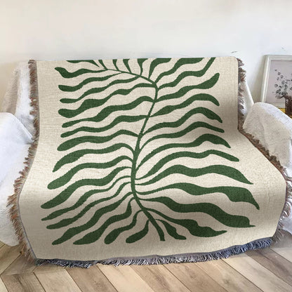 Sage Green Matisse Leaf Travel Blanket | Earth Tone Modern Minimalist Funky Tapestry Woven Blanket | Fringe Sofa Picnic Beach Outdoor Throw