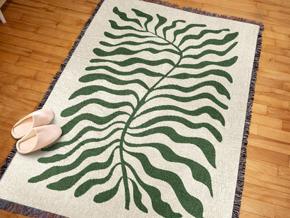 Sage Green Matisse Leaf Travel Blanket | Earth Tone Modern Minimalist Funky Tapestry Woven Blanket | Fringe Sofa Picnic Beach Outdoor Throw