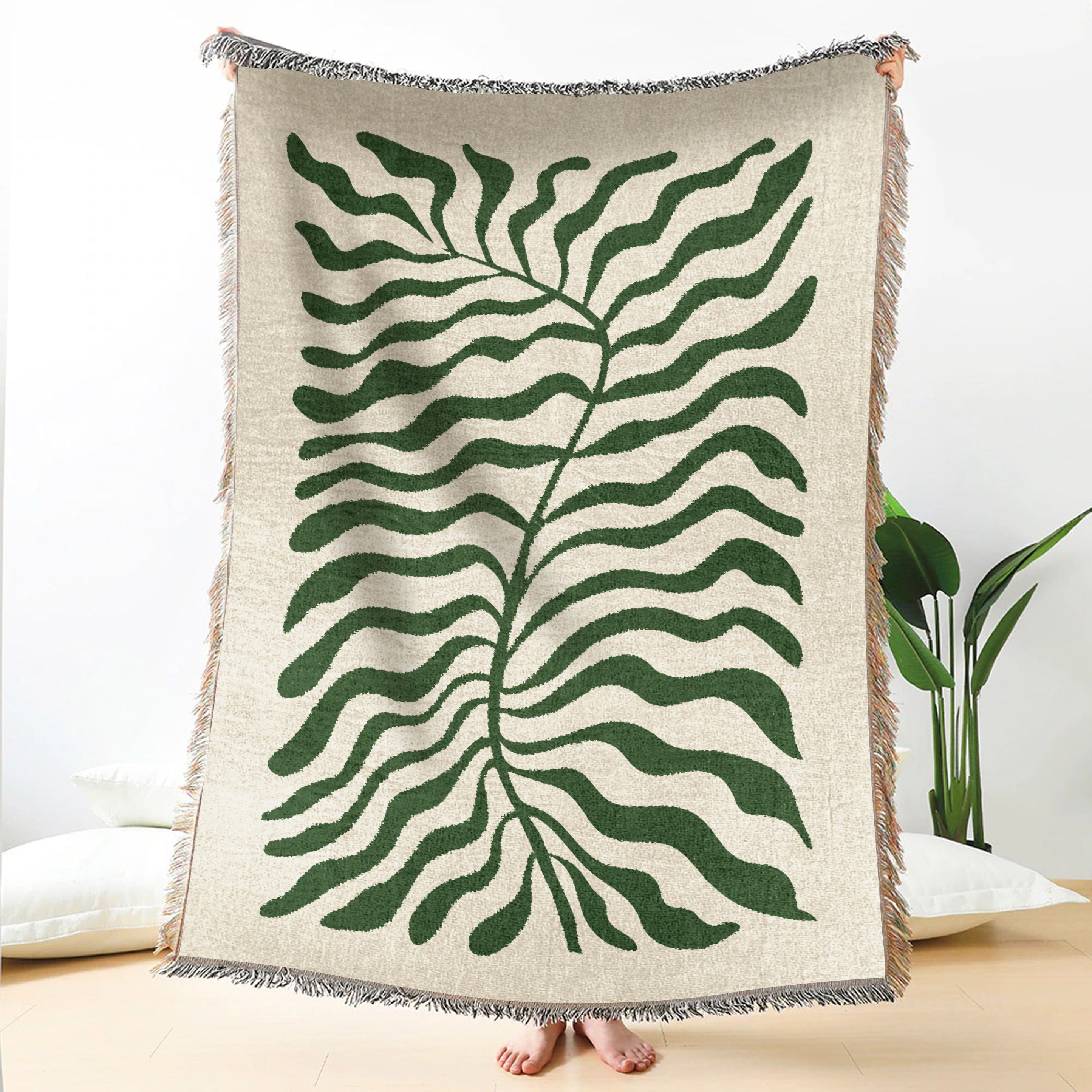 Sage Green Matisse Leaf Travel Blanket