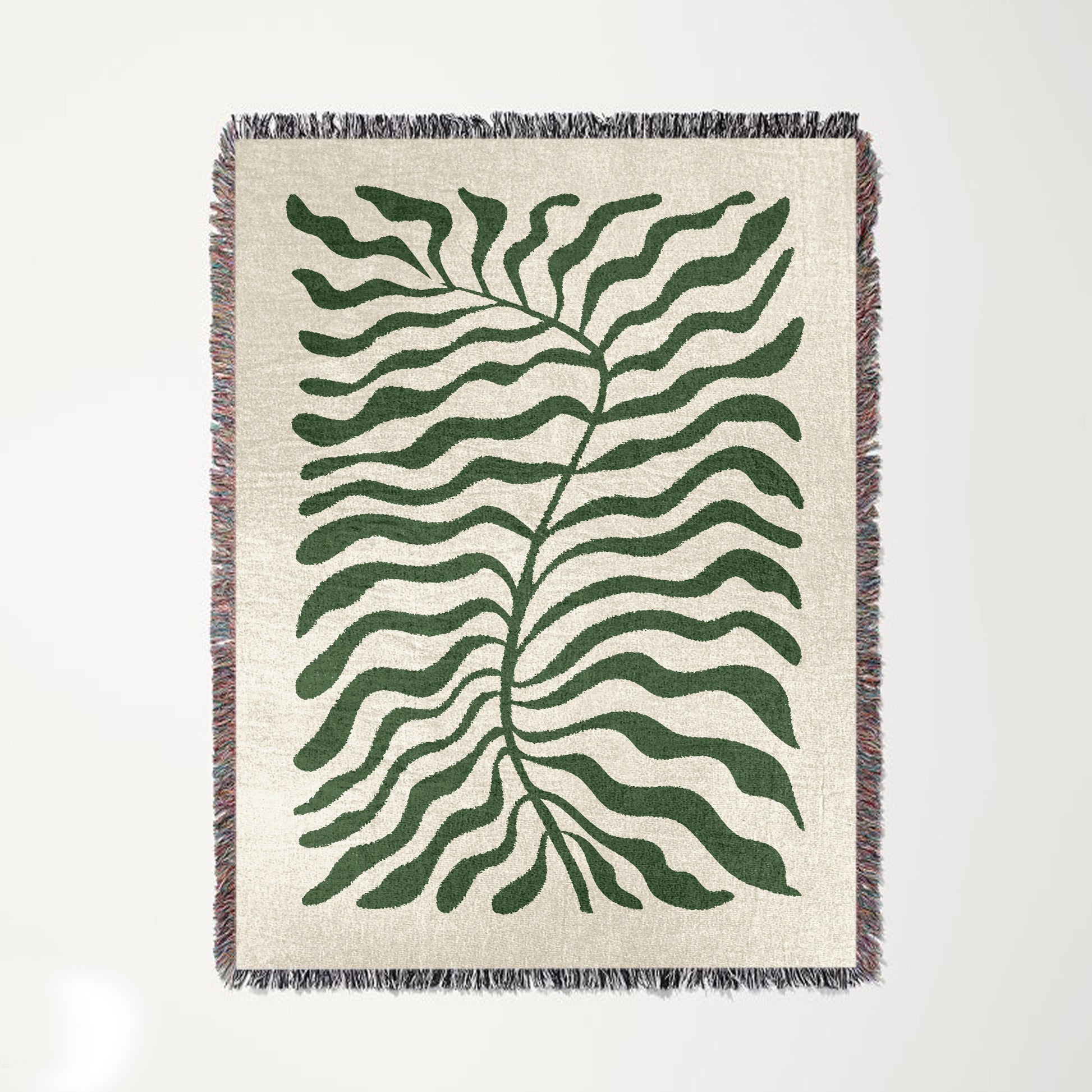 Sage Green Matisse Leaf Travel Blanket | Earth Tone Modern Minimalist Funky Tapestry Woven Blanket | Fringe Sofa Picnic Beach Outdoor Throw