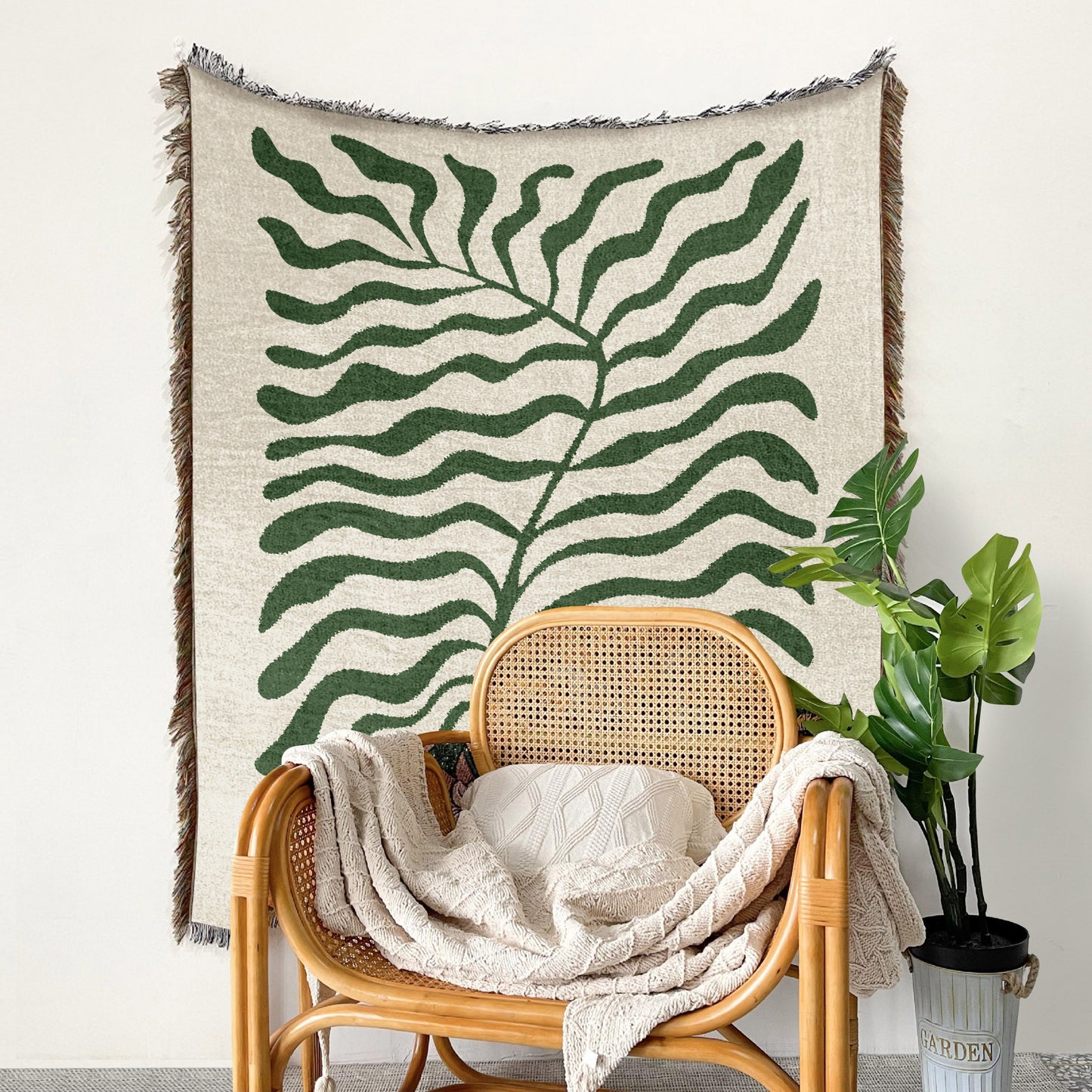 Sage Green Matisse Leaf Travel Blanket | Earth Tone Modern Minimalist Funky Tapestry Woven Blanket | Fringe Sofa Picnic Beach Outdoor Throw