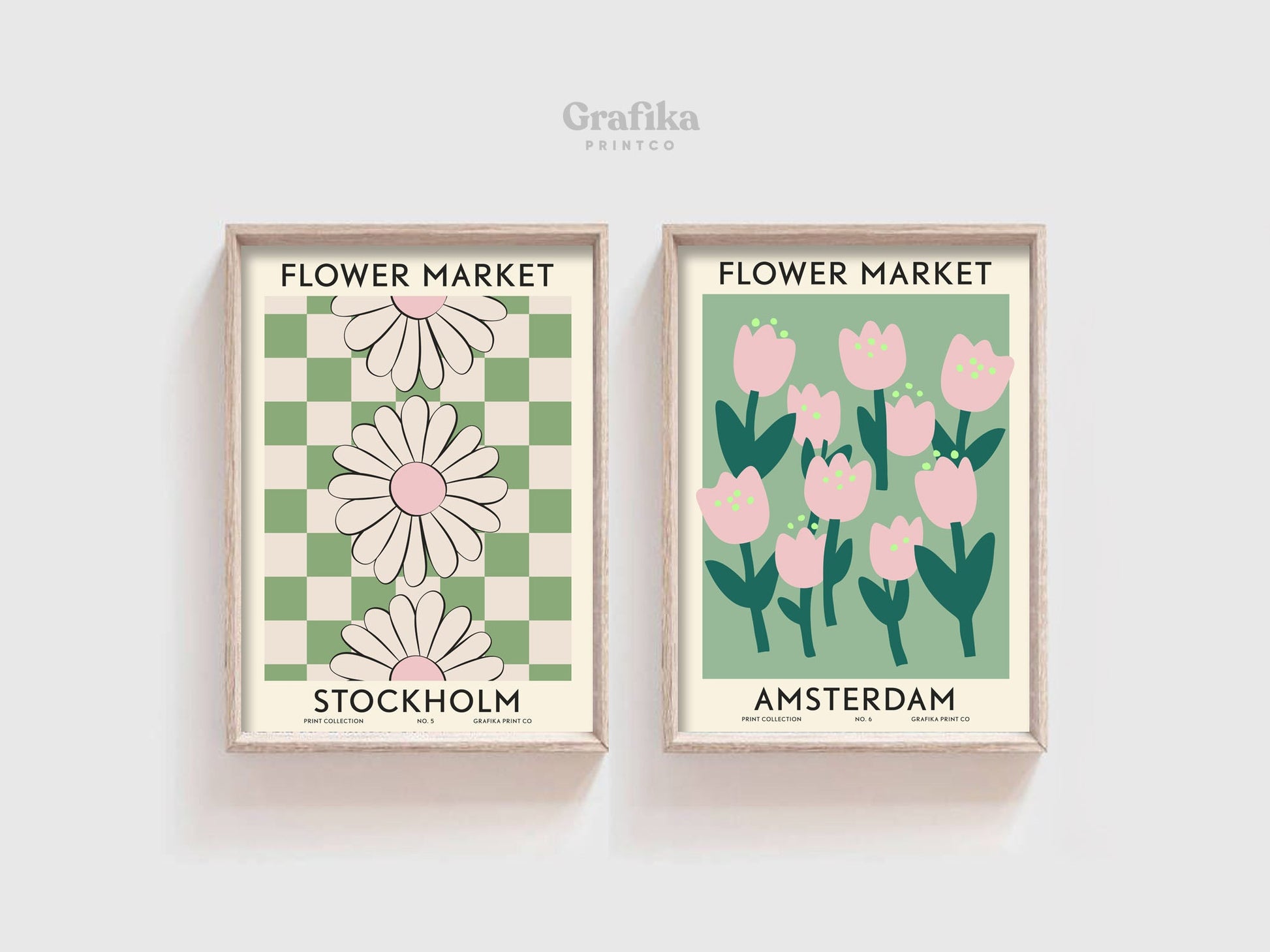 Flower Market Green Pink Print Set of 6 | Botanical Matisse Floral Posters | London Tokyo Print | Custom Wall Art Set | Digital Download