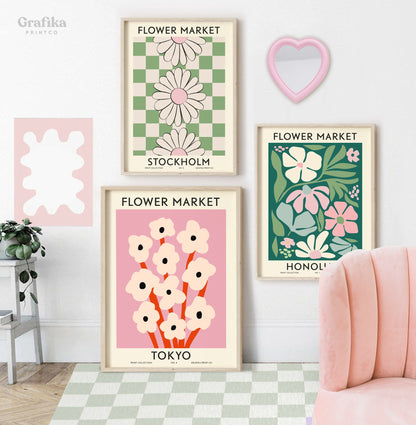 Flower Market Green Pink Print Set of 6 | Botanical Matisse Floral Posters | London Tokyo Print | Custom Wall Art Set | Digital Download