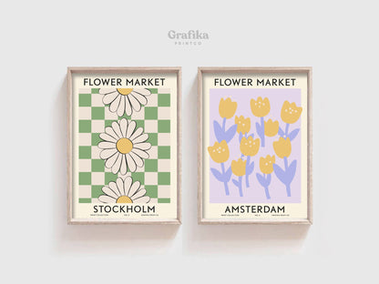 Flower Market Danish Pastel Prints Set of 6 | Botanical Matisse Floral Posters | London Tokyo Print | Custom Wall Art Set | Digital Download