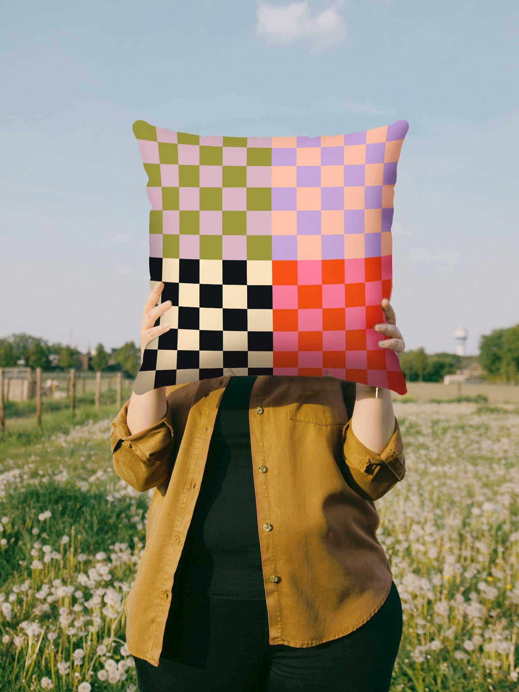 Danish Pastel Checkerboard Throw Pillow Case | Purple Pink Aesthetic Y2K Room Decor | Colorful Indie Alternative Pillows 18x18 20x20 16x16