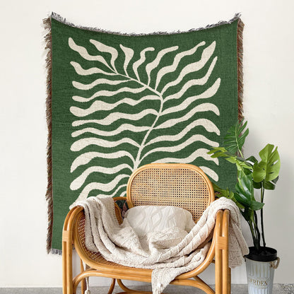 Emerald Green Matisse Leaf Throw Blanket | Modern Farmhouse Decor | Funky Tapestry Woven Blanket | Fringe Sofa Blankets Picnic Blanket Throw