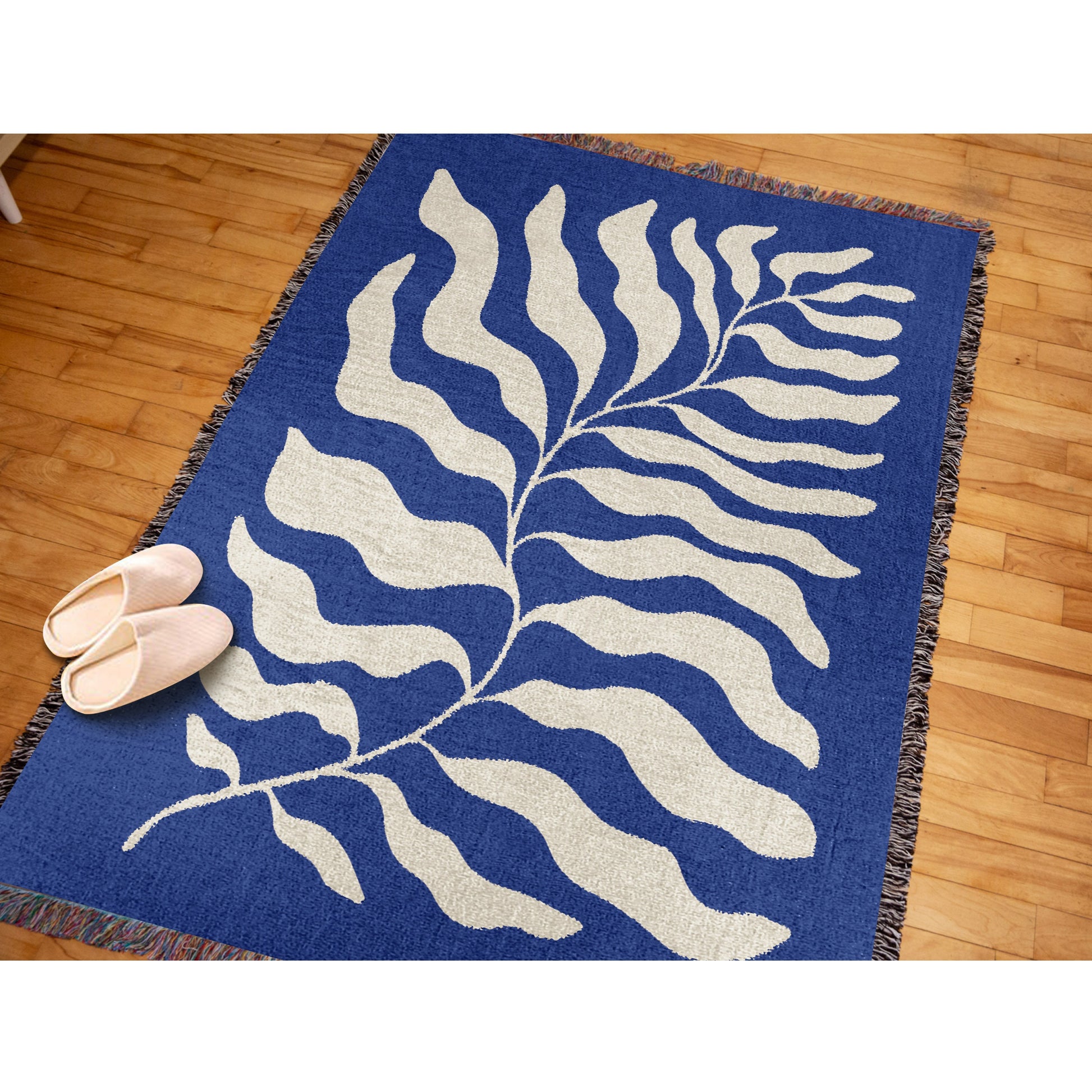 Blue Matisse Leaf Throw Picnic Blanket | Earth Tone Funky Tapestry Woven Blanket | Fringe Sofa Blankets | Picnic Blanket Throw