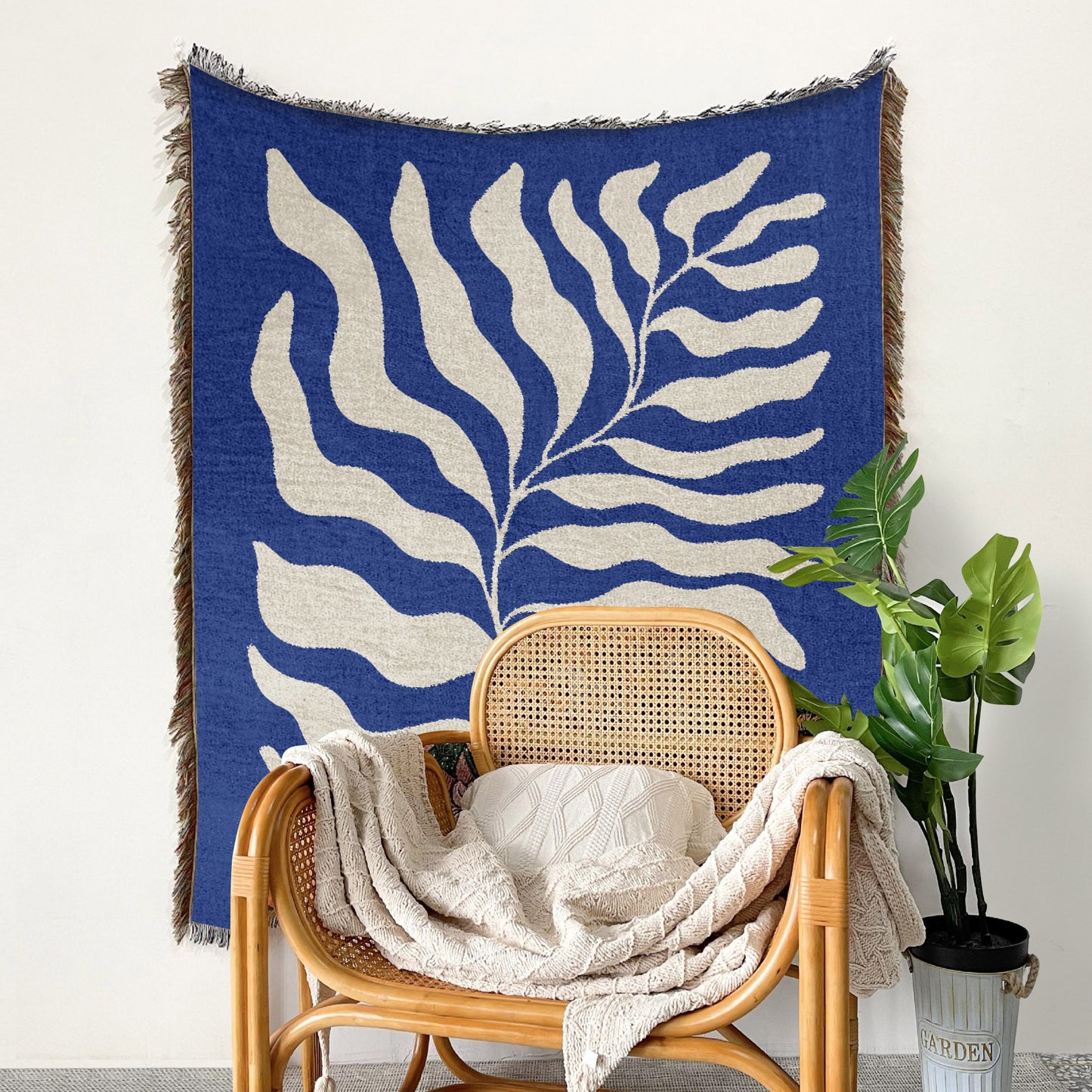 Blue Matisse Leaf Throw Picnic Blanket | Earth Tone Funky Tapestry Woven Blanket | Fringe Sofa Blankets | Picnic Blanket Throw