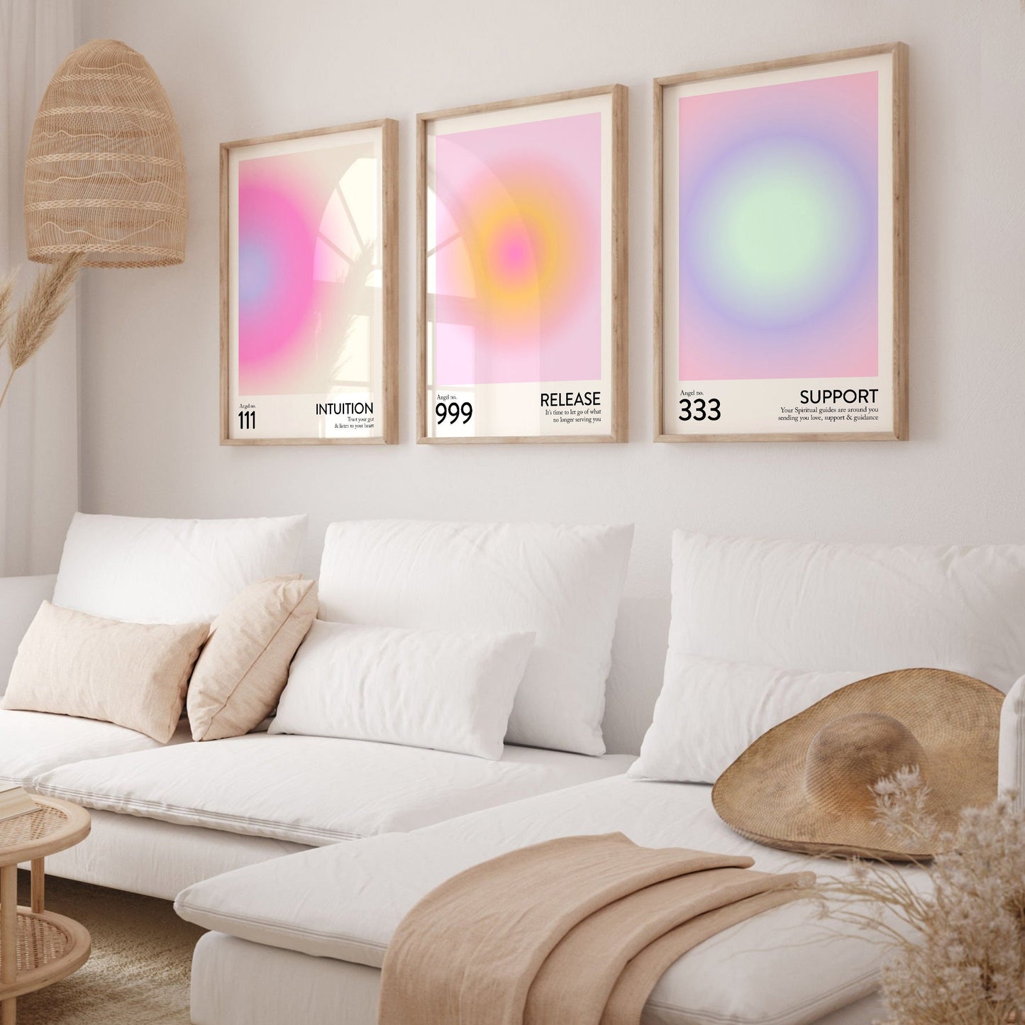 Angel Number Set of 3 Physical Prints | Trendy Gradient Aura Energy Spiritual Wall Art 222 333 888 | Angel Number Art Posters FREE SHIPPING