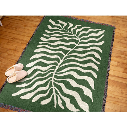 Emerald Green Matisse Leaf Throw Blanket | Modern Farmhouse Decor | Funky Tapestry Woven Blanket | Fringe Sofa Blankets Picnic Blanket Throw