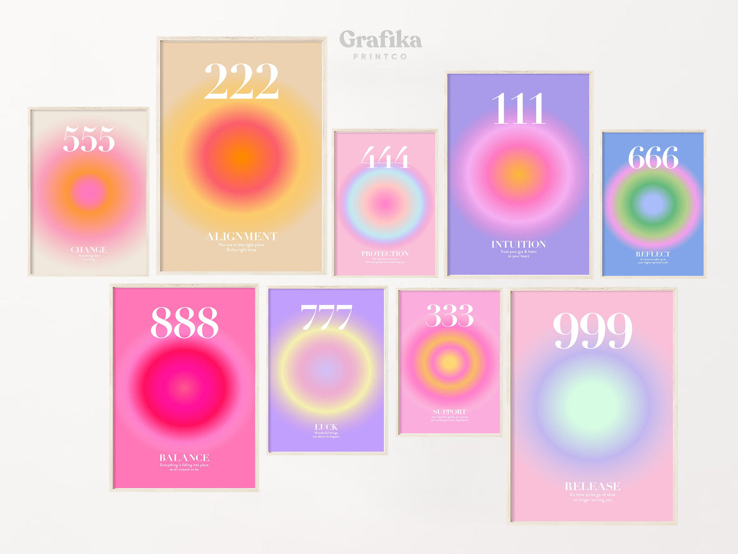 Angel Number Poster Set of 9 | Trendy Gradient Aura Energy Spiritual Wall Art 222, 333, 666, 888 | Aesthetic Room Decor | Instant Download