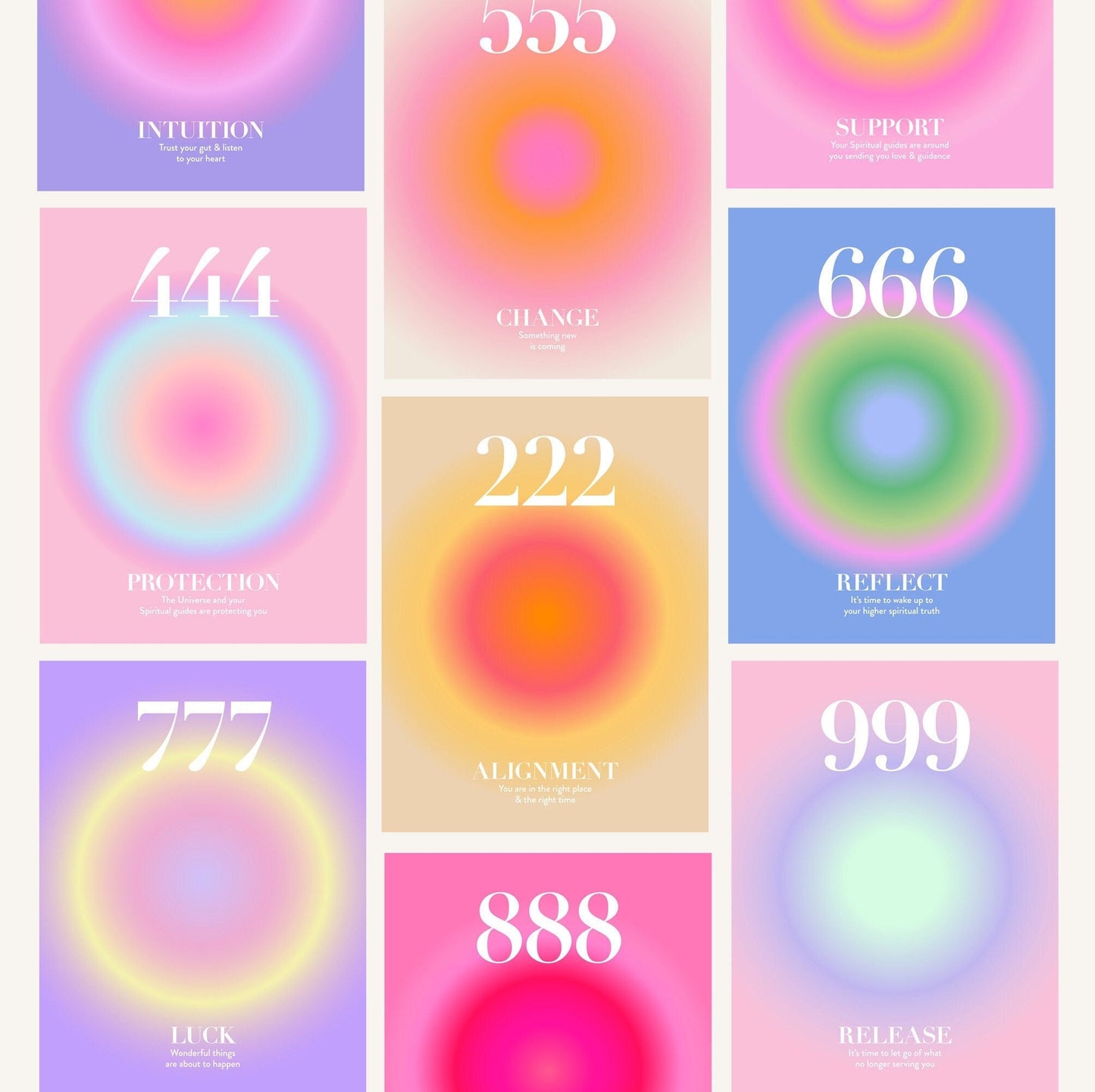 Angel Number Poster Set of 9 | Trendy Gradient Aura Energy Spiritual Wall Art 222, 333, 666, 888 | Aesthetic Room Decor | Instant Download