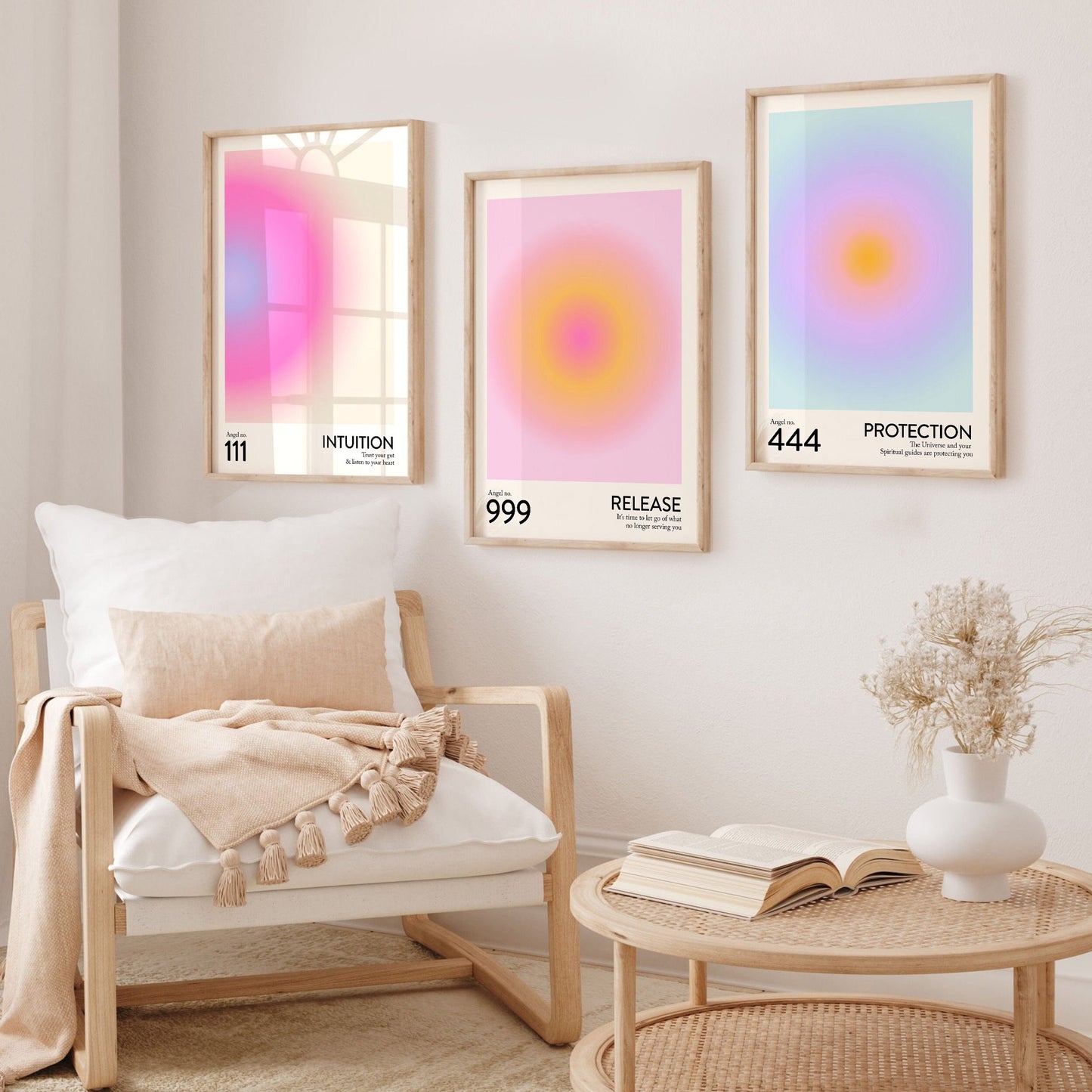 Angel Number Set of 3 Physical Prints | Trendy Gradient Aura Energy Spiritual Wall Art 222 333 888 | Angel Number Art Posters FREE SHIPPING