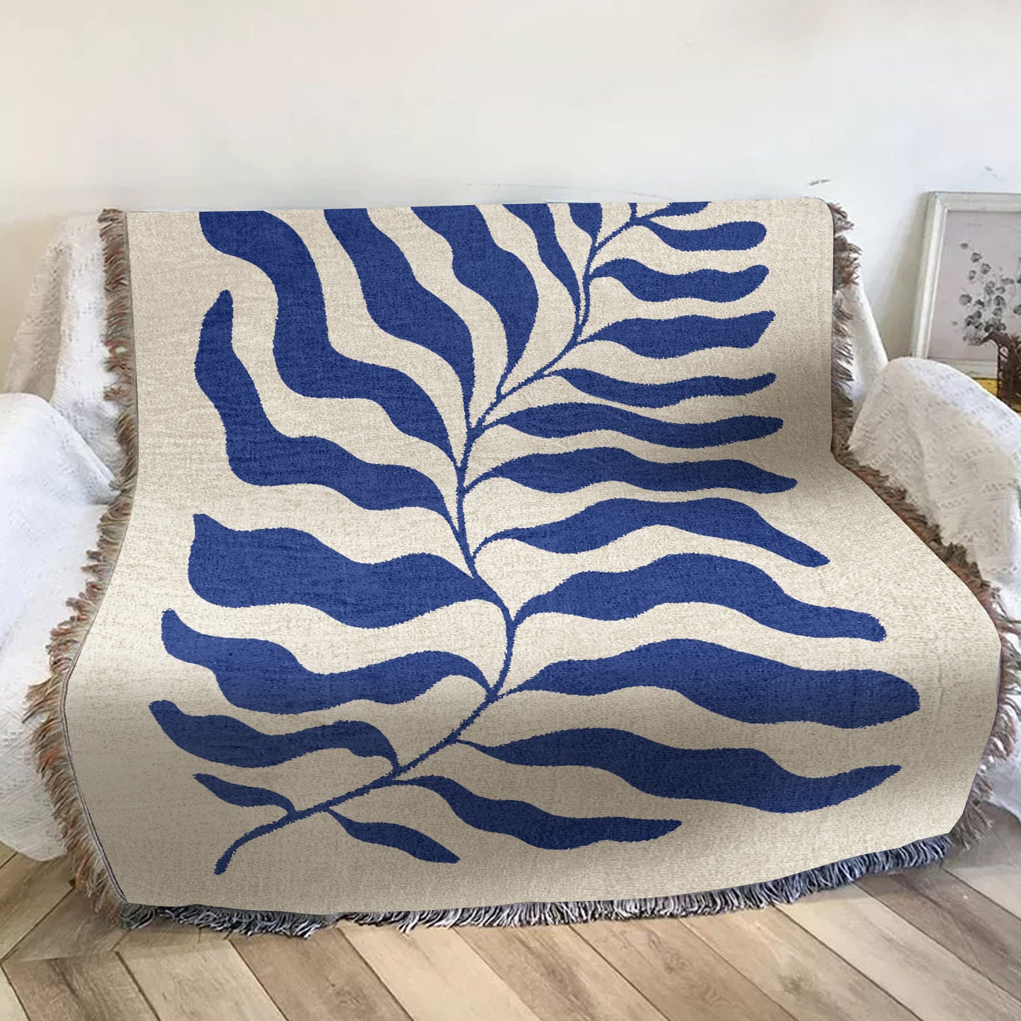 Blue Matisse Leaf Throw w Fringe | Trendy & Soft All Seasons Picnic Blanket | Sofa Tapestry Decor Blankets | Gift for Her