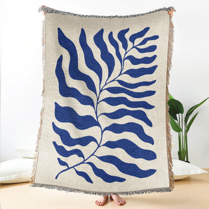 Blue Matisse Leaf Throw w Fringe | Trendy & Soft All Seasons Picnic Blanket | Sofa Tapestry Decor Blankets | Gift for Her