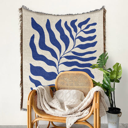 Blue Matisse Leaf Throw w Fringe | Trendy & Soft All Seasons Picnic Blanket | Sofa Tapestry Decor Blankets | Gift for Her