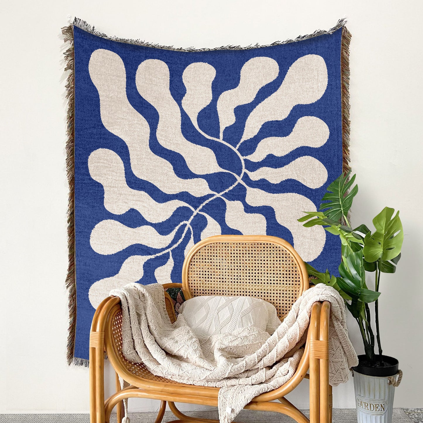 Blue Matisse Leaf Throw Blanket | Earth Tone Funky Tapestry Woven Blanket | Fringe Sofa Blankets | Picnic Blanket Throw | Free shipping