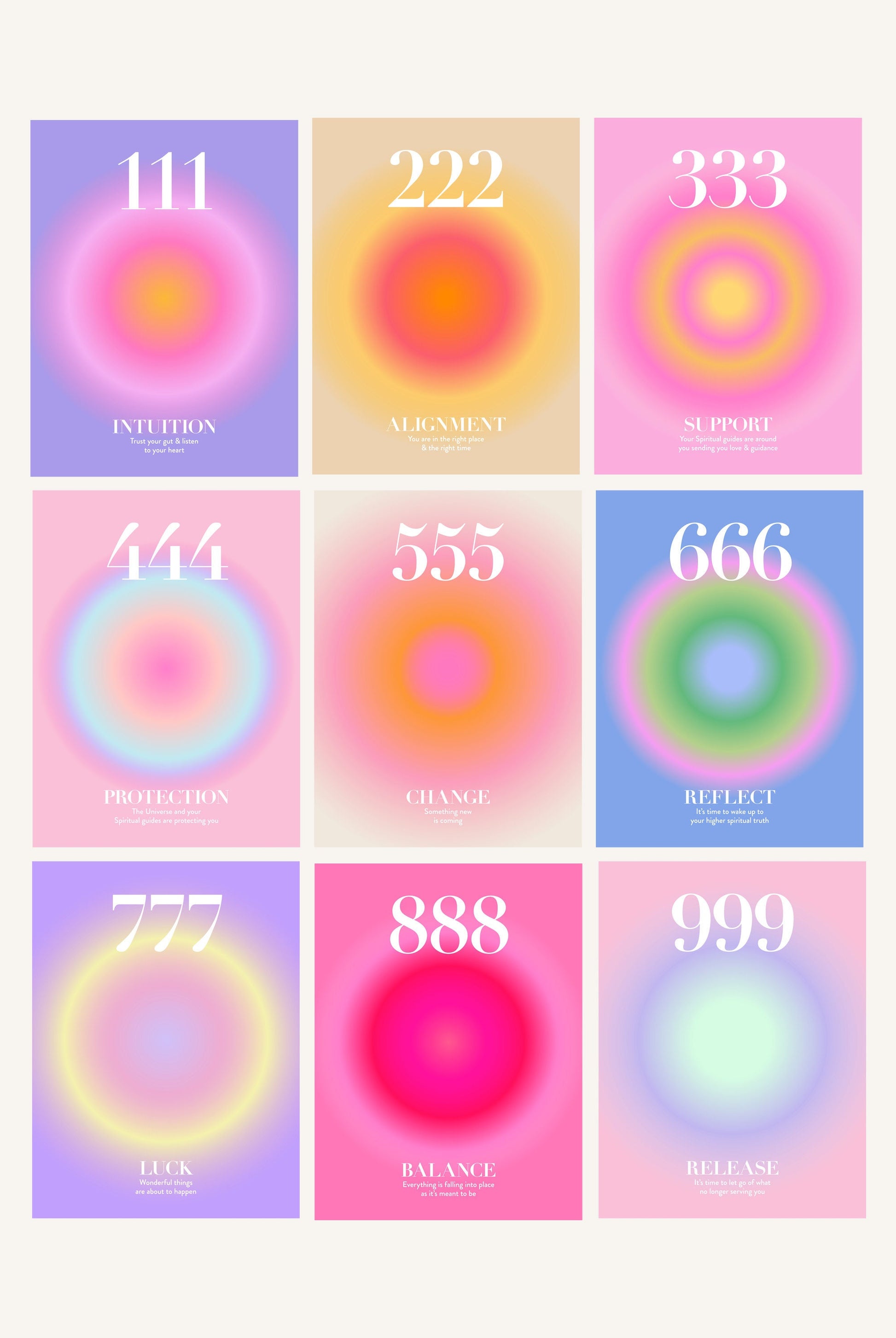 Angel Number Poster Set of 9 | Trendy Gradient Aura Energy Spiritual Wall Art 222, 333, 666, 888 | Aesthetic Room Decor | Instant Download