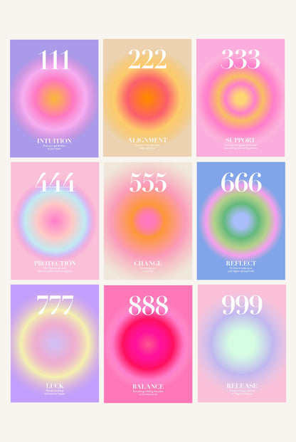 Angel Number Poster Set of 9 | Trendy Gradient Aura Energy Spiritual Wall Art 222, 333, 666, 888 | Aesthetic Room Decor | Instant Download