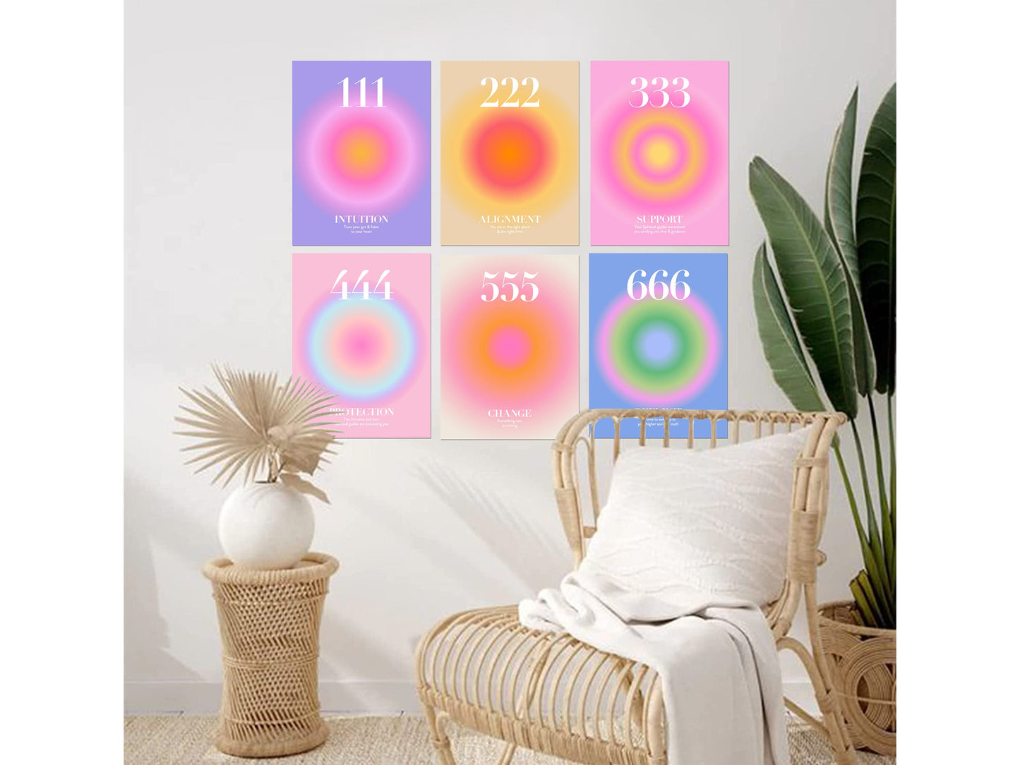 Angel Number Poster Set of 9 | Trendy Gradient Aura Energy Spiritual Wall Art 222, 333, 666, 888 | Aesthetic Room Decor | Instant Download