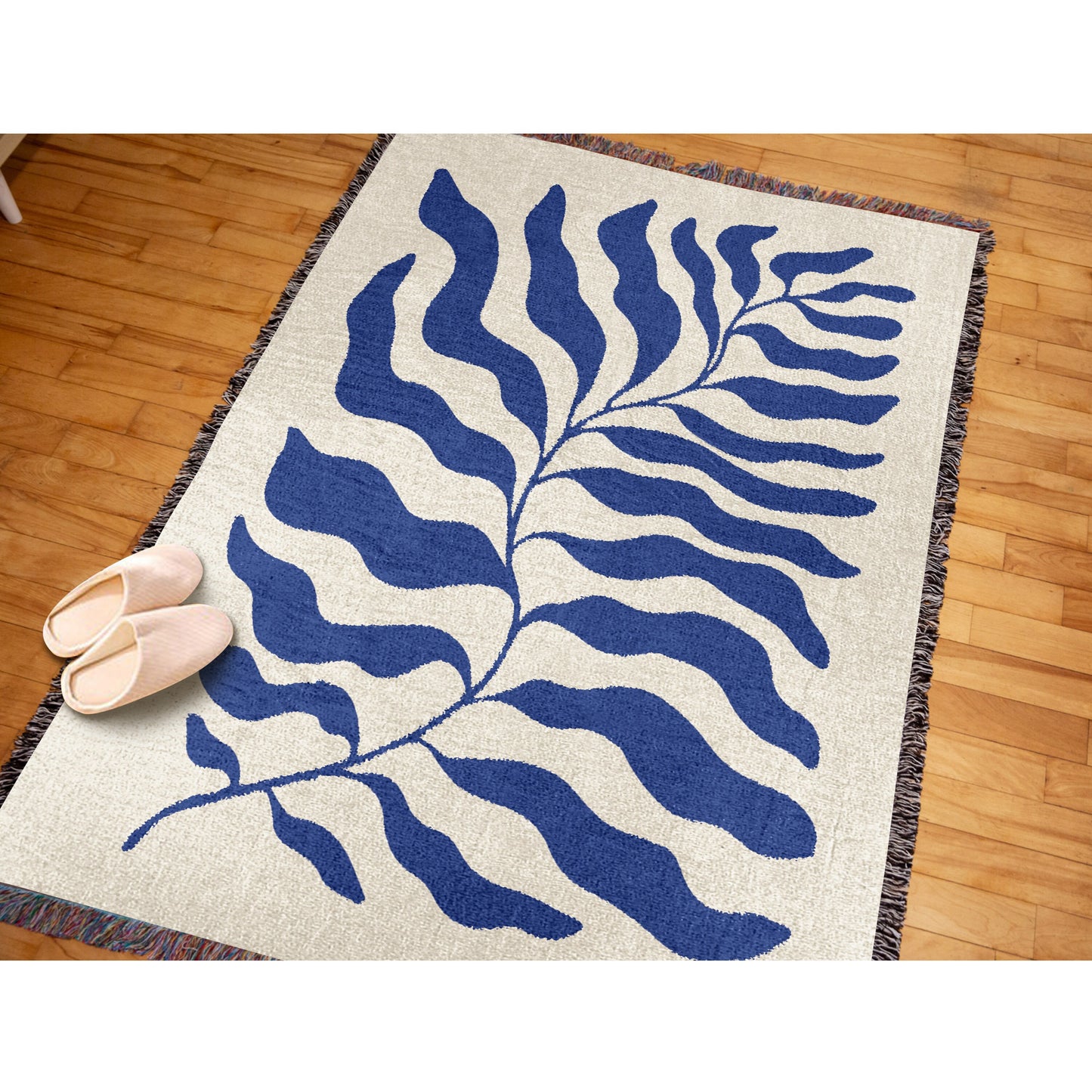 Blue Matisse Leaf Throw w Fringe | Trendy & Soft All Seasons Picnic Blanket | Sofa Tapestry Decor Blankets | Gift for Her