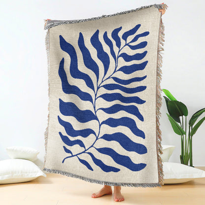 Blue Matisse Leaf Throw w Fringe | Trendy & Soft All Seasons Picnic Blanket | Sofa Tapestry Decor Blankets | Gift for Her