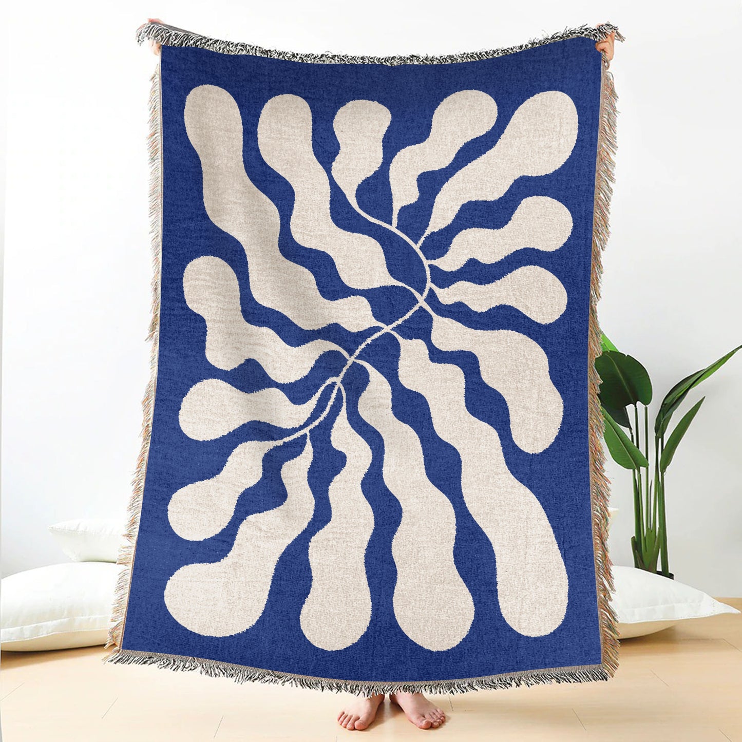 Blue Matisse Leaf Throw Blanket | Earth Tone Funky Tapestry Woven Blanket | Fringe Sofa Blankets | Picnic Blanket Throw | Free shipping