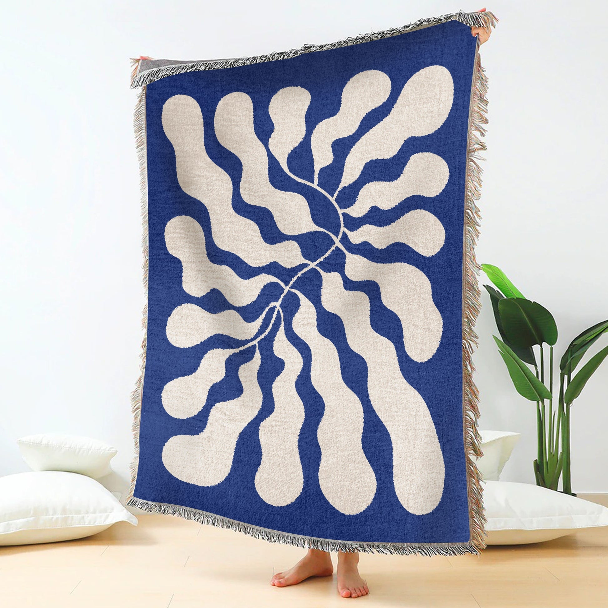 Blue Matisse Leaf Throw Blanket | Earth Tone Funky Tapestry Woven Blanket | Fringe Sofa Blankets | Picnic Blanket Throw