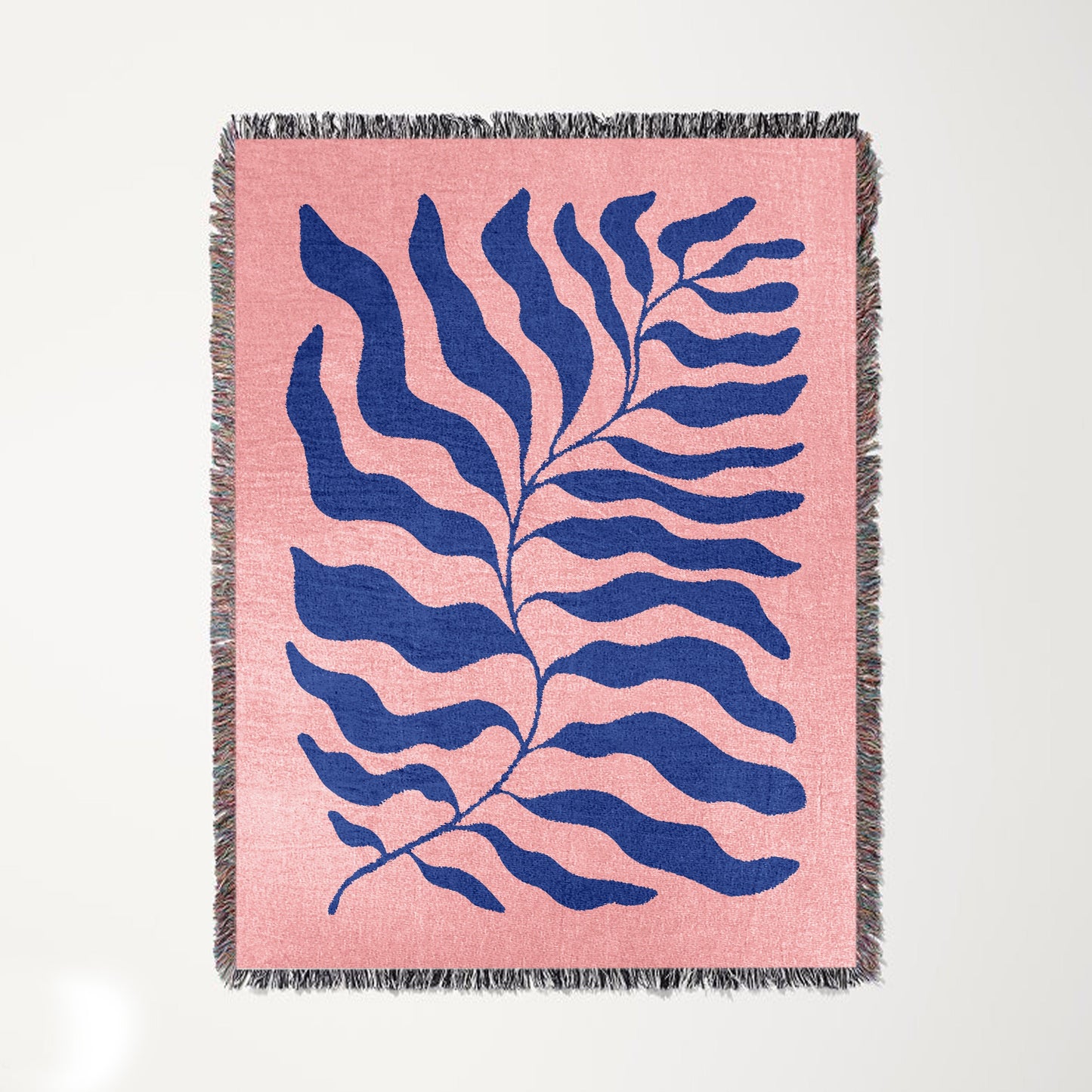 Pink Blue Matisse Leaf Woven Blanket | Funky Retro Tapestry Blanket | All Seasons Fringe Sofa Blankets | Picnic Blanket Brown Woven Throw