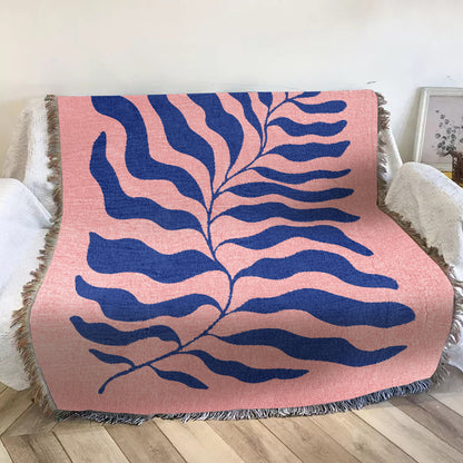 Pink Blue Matisse Leaf Woven Blanket | Funky Retro Tapestry Blanket | All Seasons Fringe Sofa Blankets | Picnic Blanket Brown Woven Throw