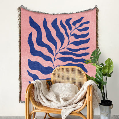 Pink Blue Matisse Leaf Woven Blanket | Funky Retro Tapestry Blanket | All Seasons Fringe Sofa Blankets | Picnic Blanket Brown Woven Throw