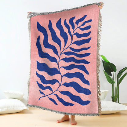 Pink Blue Matisse Leaf Woven Blanket | Funky Retro Tapestry Blanket | All Seasons Fringe Sofa Blankets | Picnic Blanket Brown Woven Throw