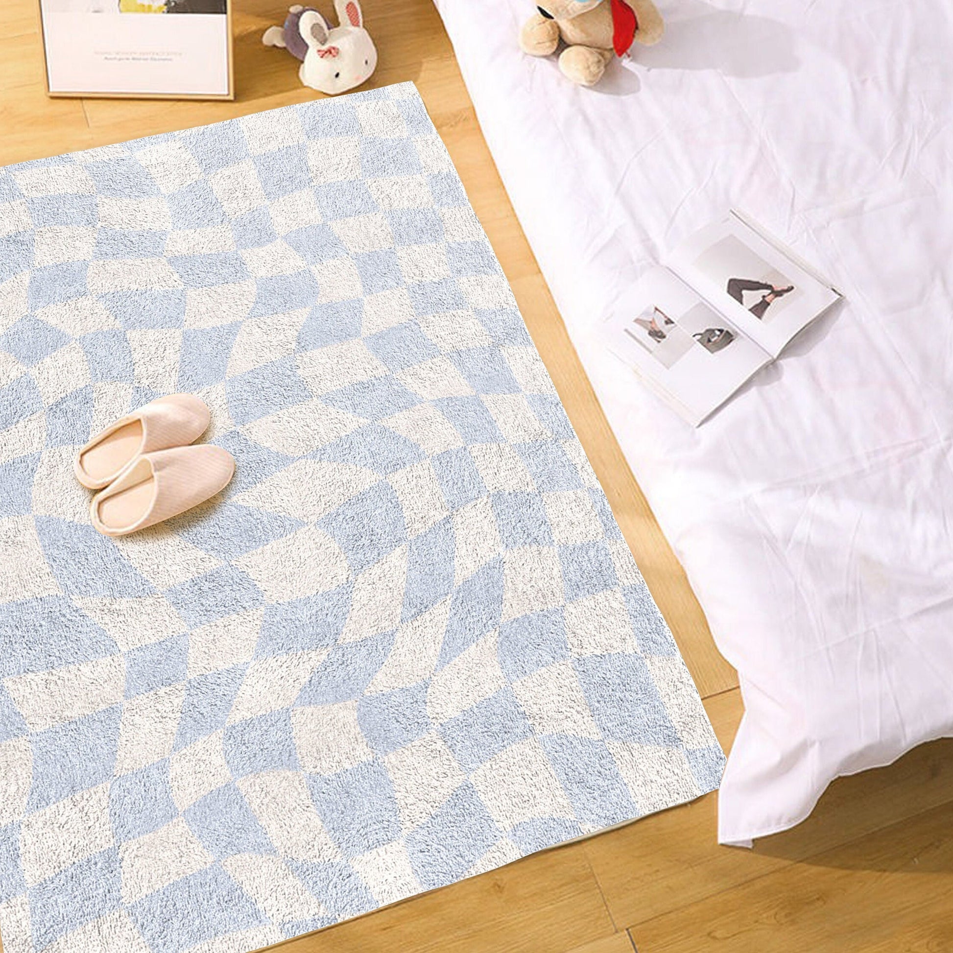 Funky Checkerboard Carpet in Pastel Blue | Danish Pastel Decor Rug | Bedroom Living Room Rug Modern Y2K Rug | Plush Trendy Carpet