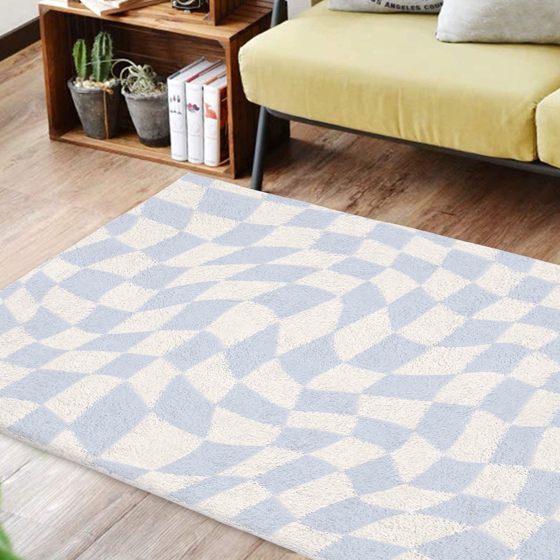 Funky Checkerboard Carpet in Pastel Blue | Danish Pastel Decor Rug | Bedroom Living Room Rug Modern Y2K Rug | Plush Trendy Carpet