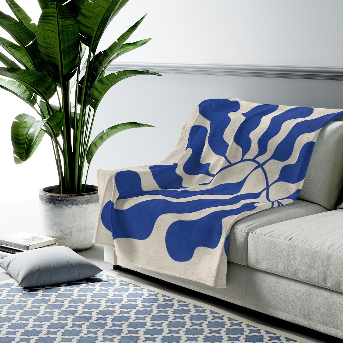 Blue Matisse Leaf Throw Blanket 50x60" | Fleece Sherpa Bed Blanket 60x80" | Soft & Lightweight Sofa Blankets | Aesthetic Room Decor