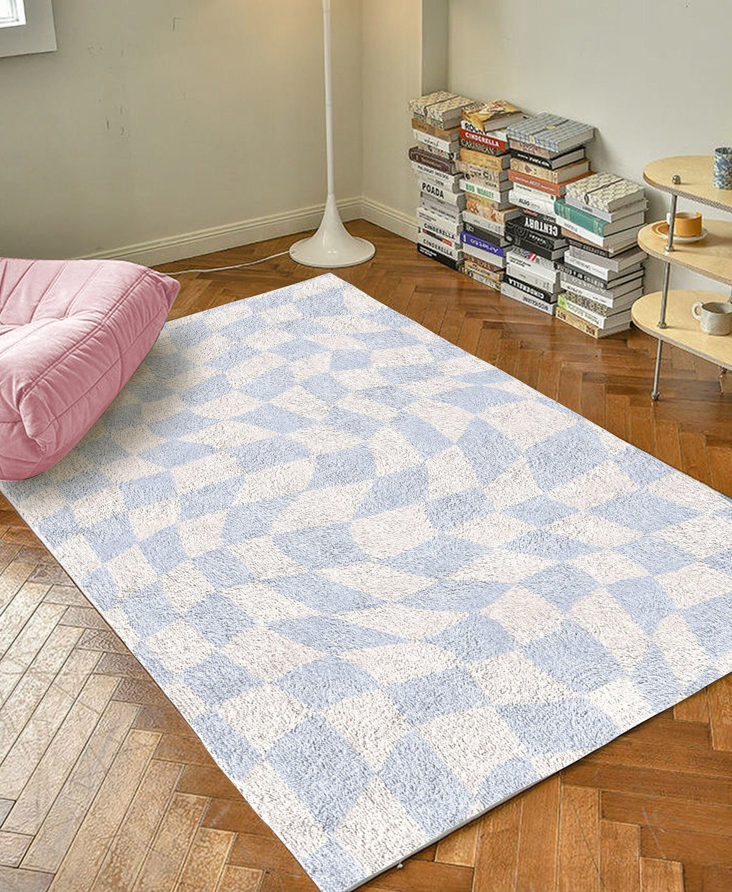 Funky Checkerboard Carpet in Pastel Blue | Danish Pastel Decor Rug | Bedroom Living Room Rug Modern Y2K Rug | Plush Trendy Carpet