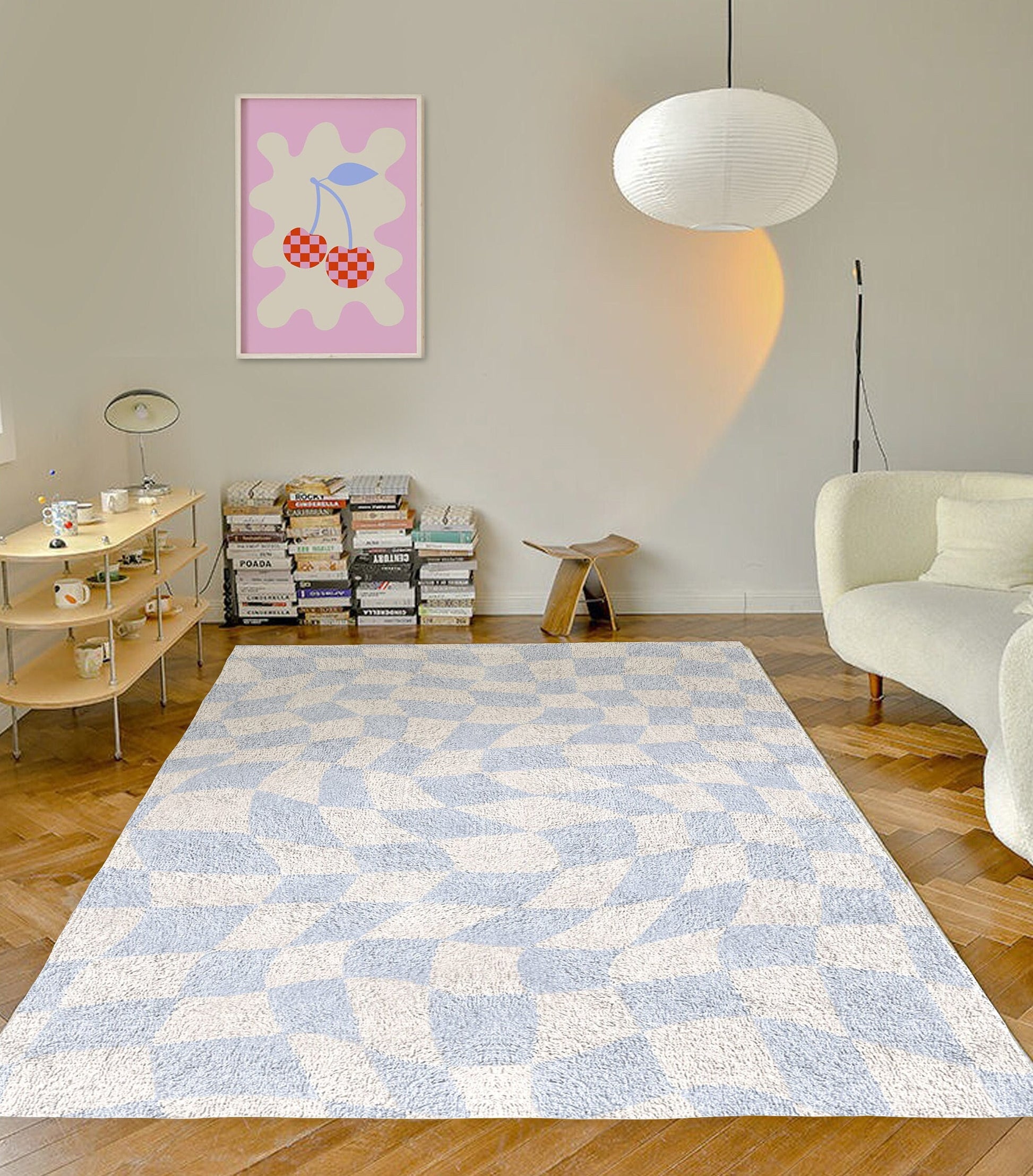 Funky Checkerboard Carpet in Pastel Blue | Danish Pastel Decor Rug | Bedroom Living Room Rug Modern Y2K Rug | Plush Trendy Carpet