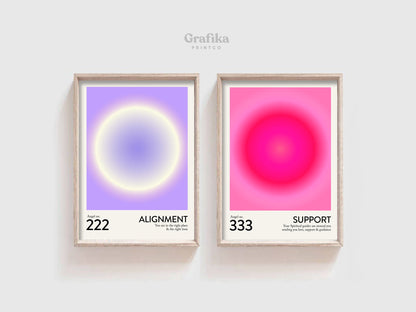 Angel Number Poster Set of 9 | Trendy Gradient Aura Energy Spiritual Wall Art 222, 333, 666, 888 | Aesthetic Room Decor | Instant Download