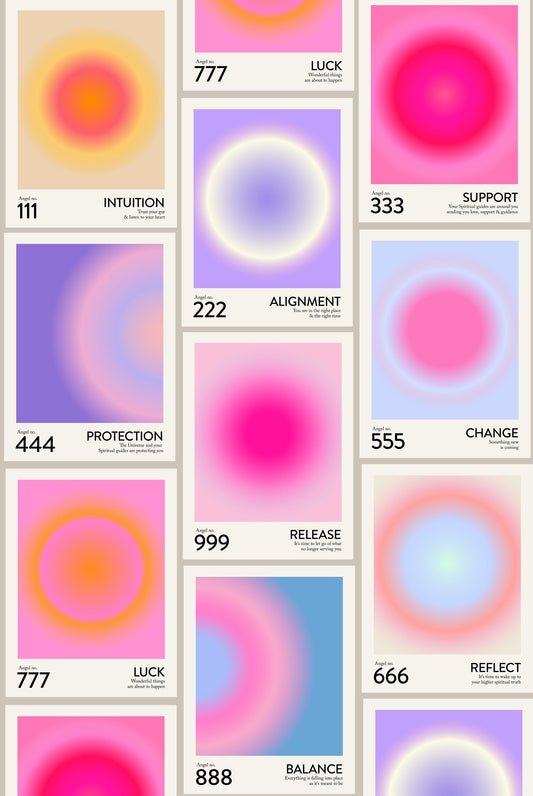 Angel Number Poster Set of 9 | Trendy Gradient Aura Energy Spiritual Wall Art 222, 333, 666, 888 | Aesthetic Room Decor | Instant Download