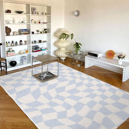 Funky Checkerboard Carpet in Pastel Blue | Danish Pastel Decor Rug | Bedroom Living Room Rug Modern Y2K Rug | Plush Trendy Carpet