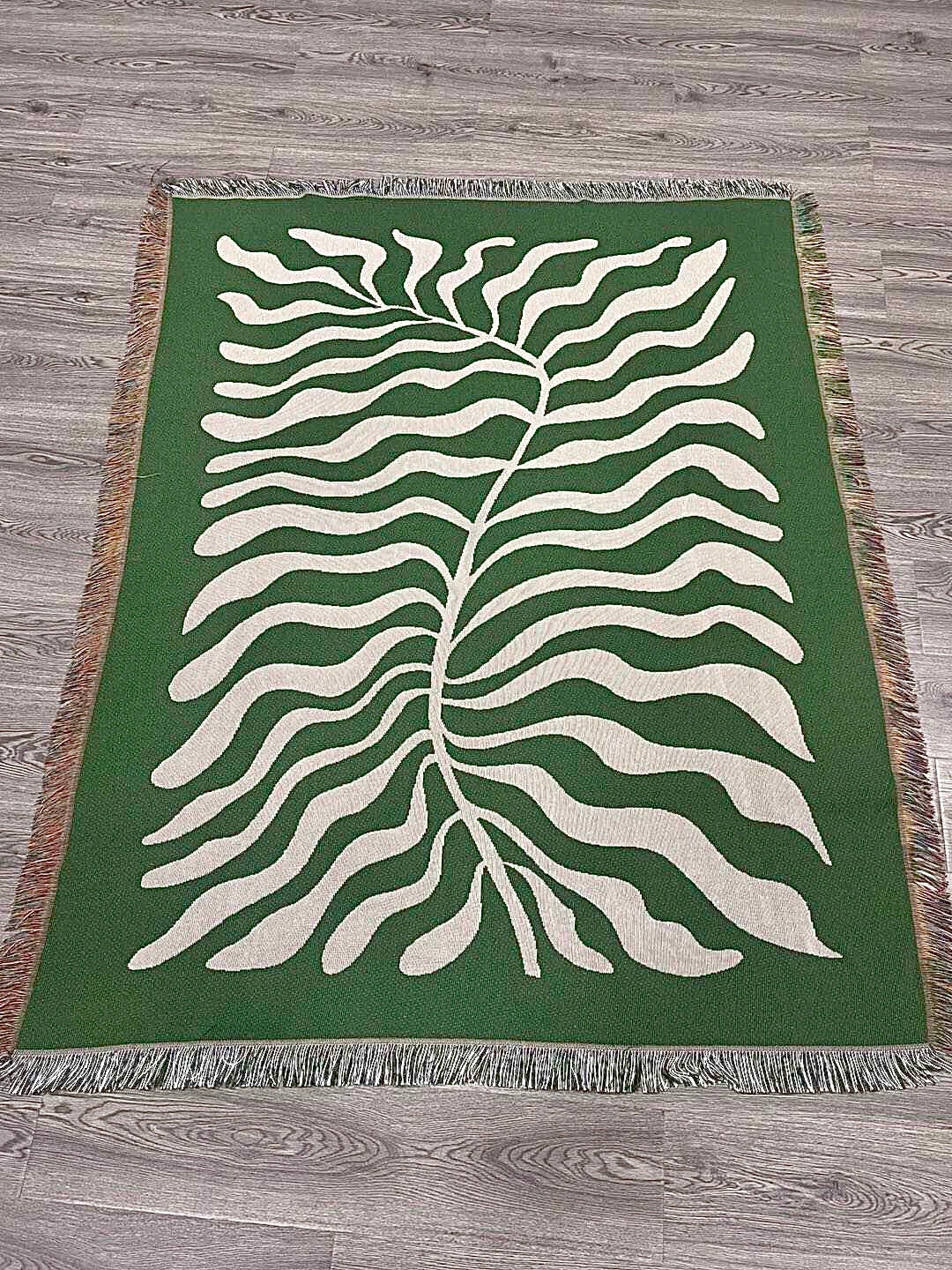 Emerald Green Matisse Leaf Throw Blanket | Modern Farmhouse Decor | Funky Tapestry Woven Blanket | Fringe Sofa Blankets Picnic Blanket Throw