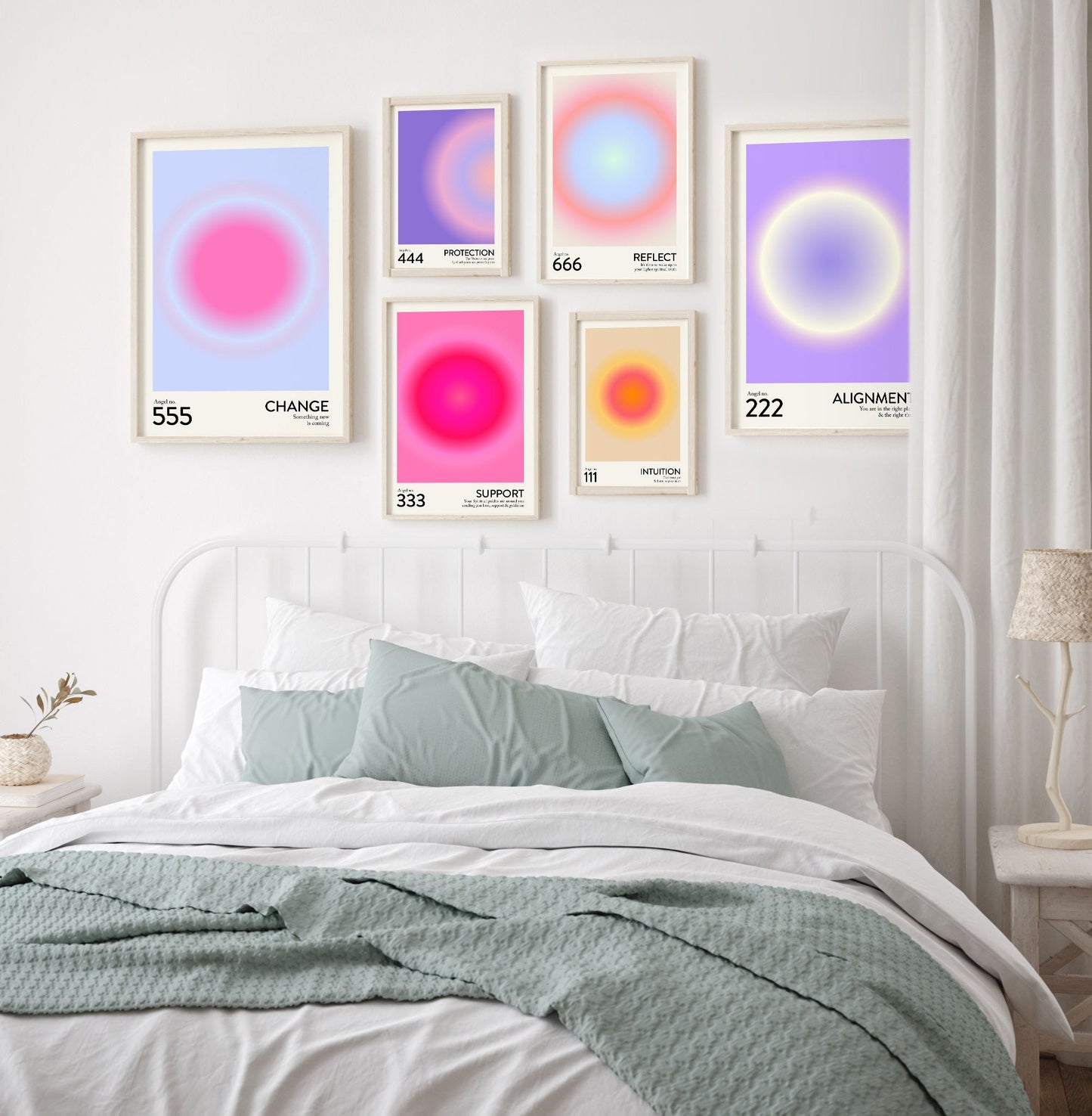 Angel Number Poster Set of 9 | Trendy Gradient Aura Energy Spiritual Wall Art 222, 333, 666, 888 | Aesthetic Room Decor | Instant Download