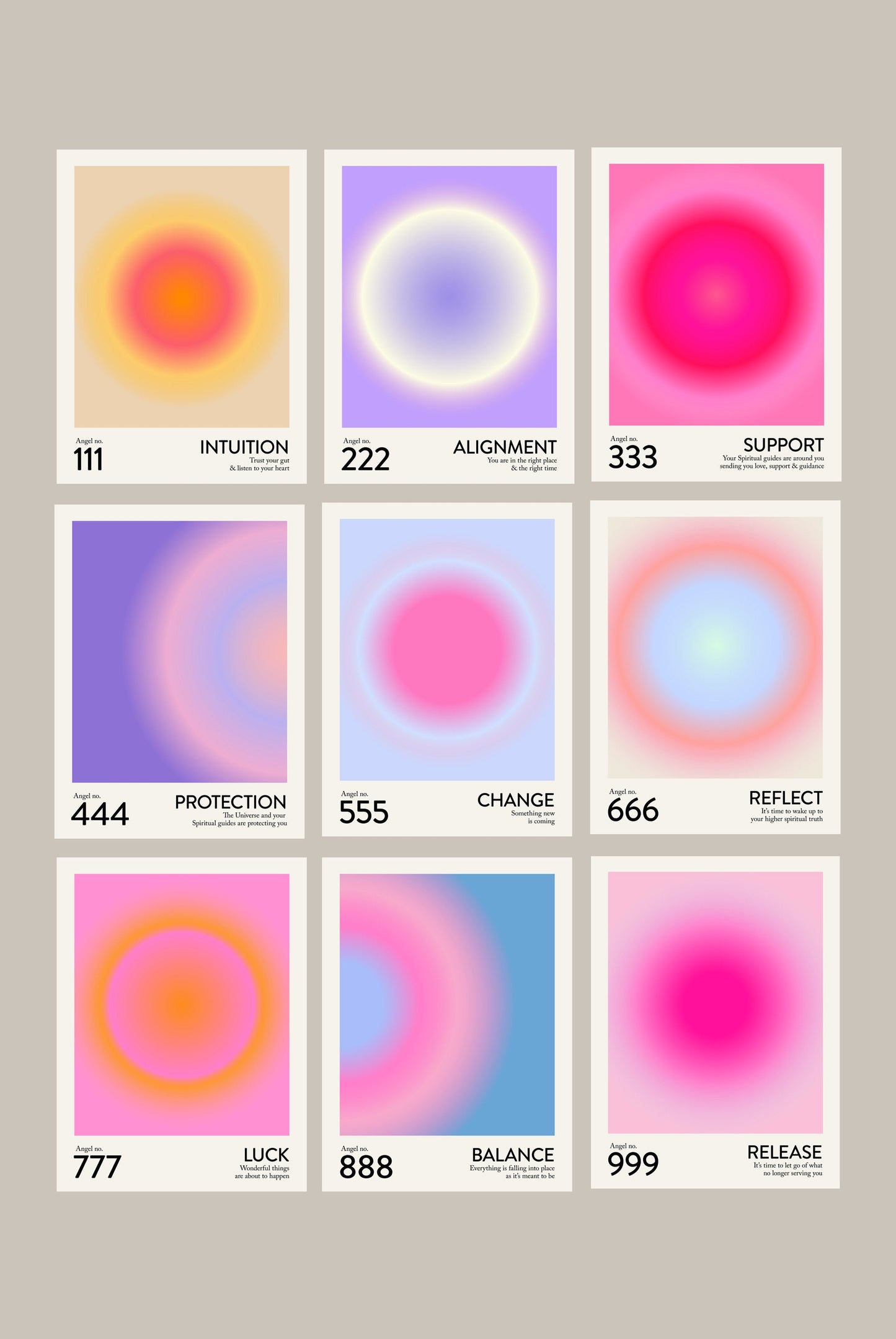 Angel Number Poster Set of 9 | Trendy Gradient Aura Energy Spiritual Wall Art 222, 333, 666, 888 | Aesthetic Room Decor | Instant Download