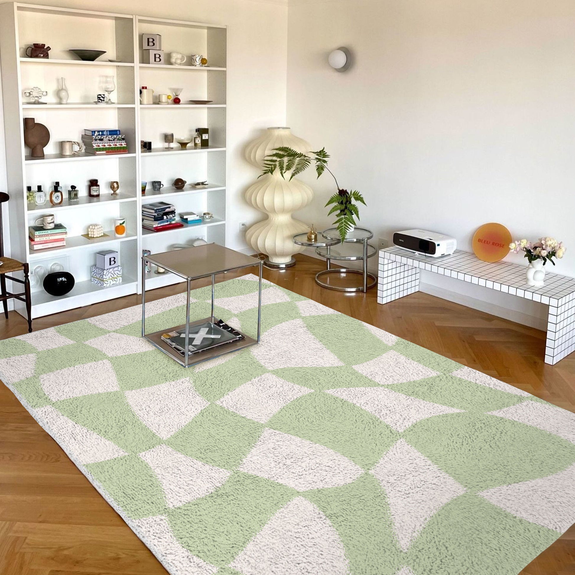 Sage Green Checkered Carpet | Funky Danish Pastel Decor Rug | Bedroom Living Room Rug Modern Y2K Rug | Plush Trendy Accent Rug | Earth Tone