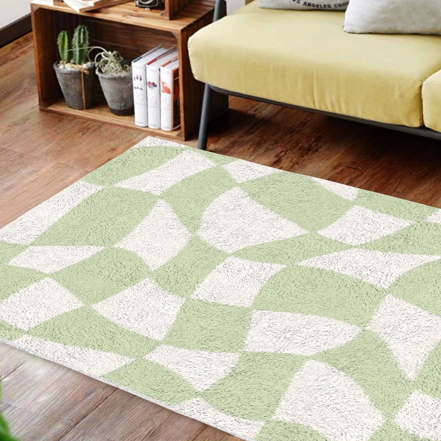 Sage Green Checkered Carpet | Funky Danish Pastel Decor Rug | Bedroom Living Room Rug Modern Y2K Rug | Plush Trendy Accent Rug | Earth Tone