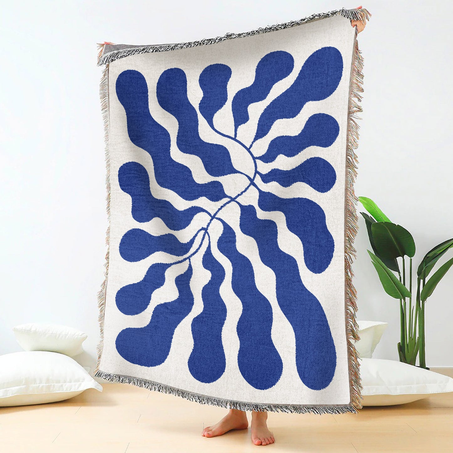 Blue Matisse Leaf Beach Throw Blanket | Modern Minimalist Decor | Funky Tapestry Woven Blanket | Fringe Sofa Picnic Travel Blanket Throw