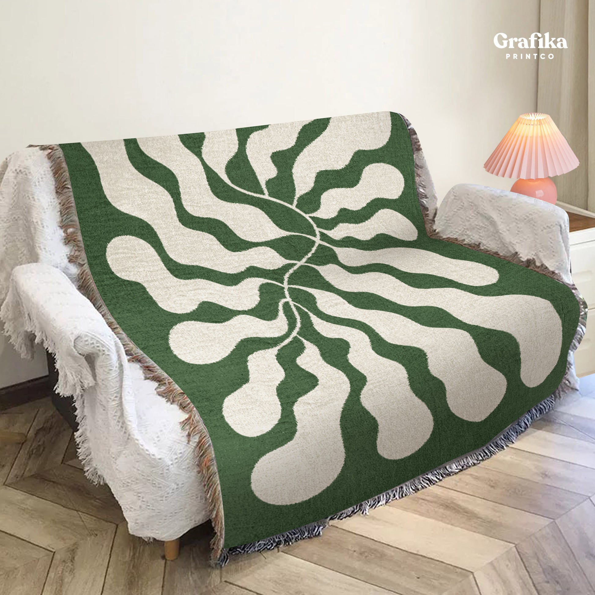 Emerald Green Matisse Leaf Throw Blanket | Funky Tapestry Woven Blanket | Fringe Sofa Blankets | Picnic Blanket Throw