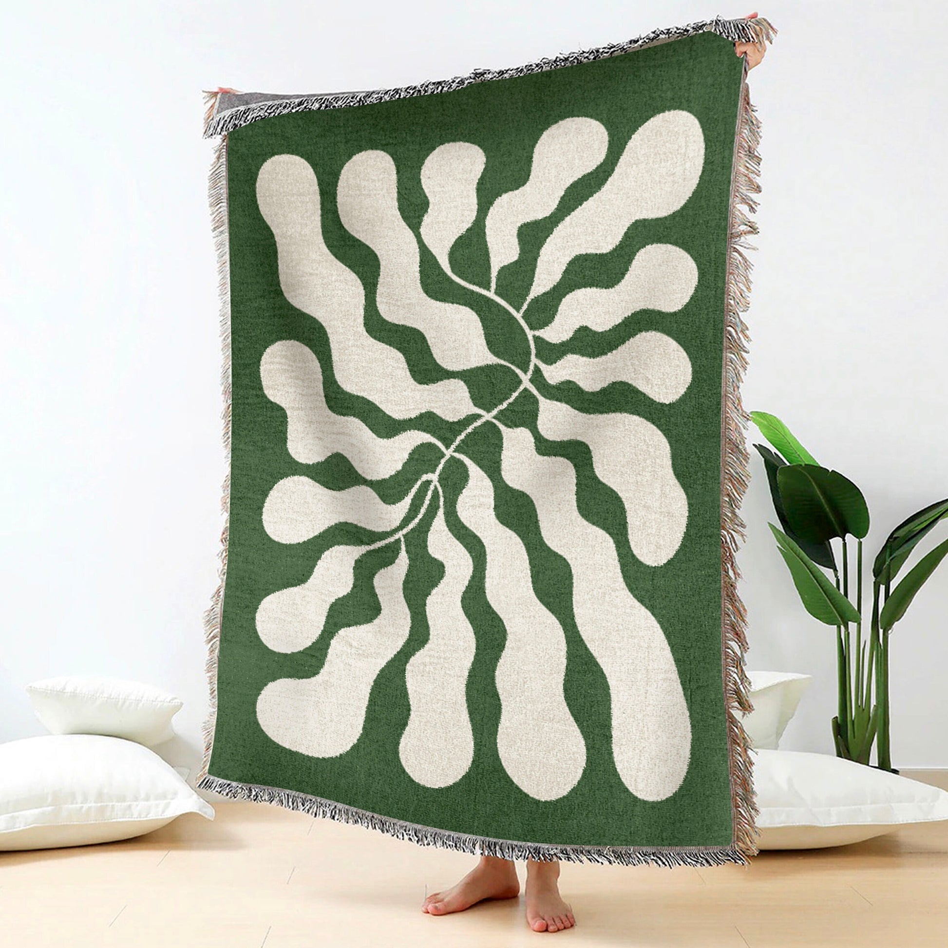 Emerald Green Matisse Leaf Throw Blanket | Funky Tapestry Woven Blanket | Fringe Sofa Blankets | Picnic Blanket Throw