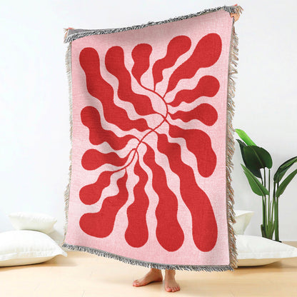 Pink Red Matisse Leaf Beach Throw Blanket | Modern Minimalist Decor | Funky Tapestry Outdoor Blanket | Fringe Sofa Picnic Travel Throw