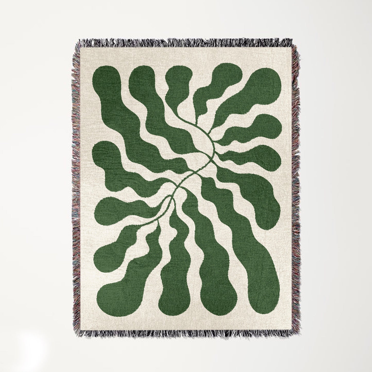 Green Matisse Leaf Beach Throw Blanket | Earth Tone Funky Tapestry Woven Blanket | Fringe Sofa Blankets | Picnic Travel Blanket Throw